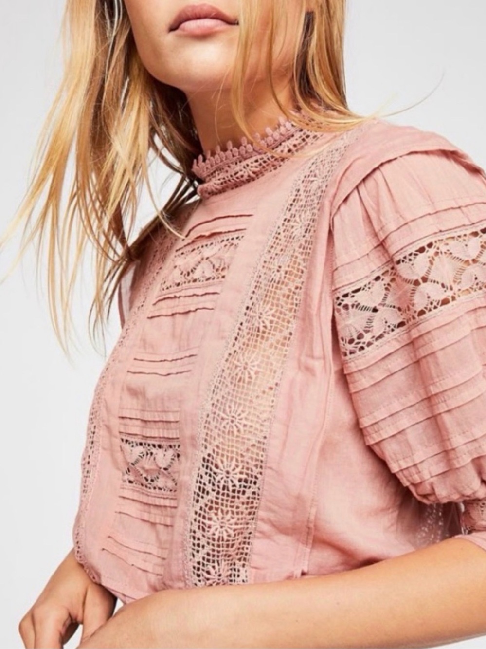 Free People Dusty Rose Lace Pintuck Blouse